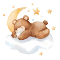 Sleeping Bear on a Cloud with Stars and Moon.