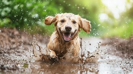 A joyful dog splashes through muddy water, radiating happiness in a vibrant outdoor setting,...