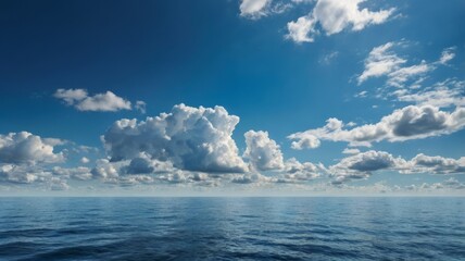 The sky and sea surface are mixed with white cumulus clouds, a beautiful scenery.