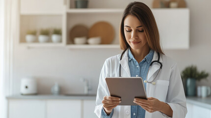 Digital health monitoring at home using a tablet in a sunny kitchen, showcasing innovative virtual health check solutions for home care.