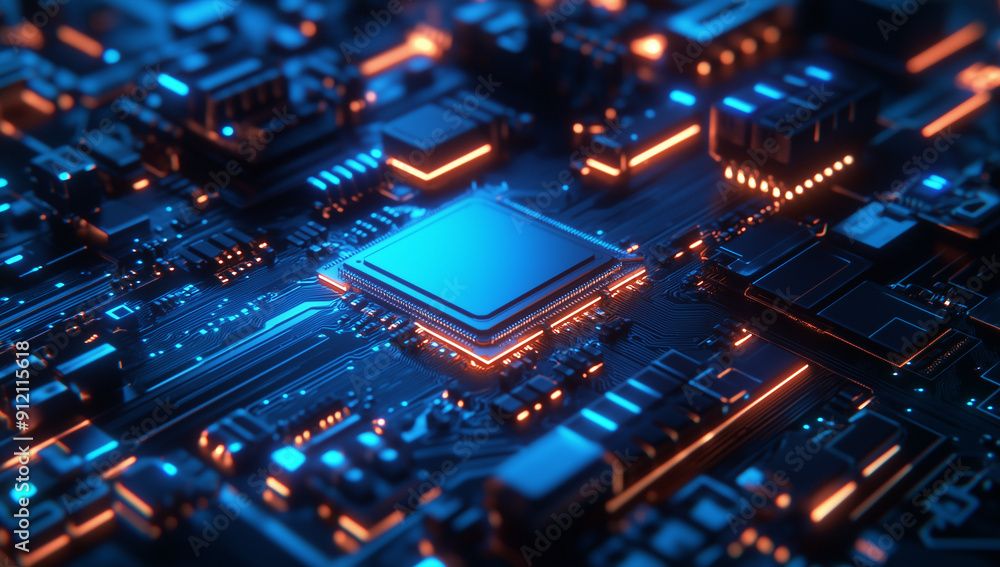 Poster 3d rendering of the chip, blue computer electronic chip with blue glow, multiple filter effect and g