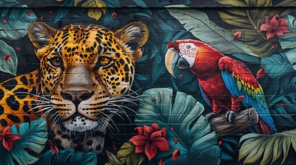 A spectacular mural paints a leopard and a macaw into an urban canvas, blending wildlife with street art vitality.