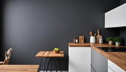 A modern kitchen with a wooden countertop, white cabinets, and a minimalist design.