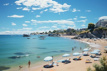 Obraz premium A lively beach with people and beach umbrellas