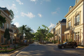 Fototapeta premium Quiet residential street with modern homes and lush greenery under a clear blue sky, highlighting suburban life and serenity.