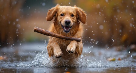 Golden Retriever Running in Forest with Stick, Enjoying Rainy Day and Jumping Over Stream