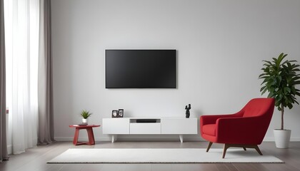 A modern living room with a large flat-screen TV mounted on the wall, a white TV stand, and a red armchair