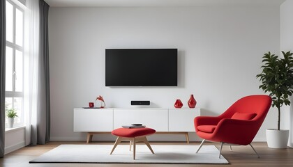 A modern living room with a large flat-screen TV mounted on the wall, a white TV stand, and a red armchair