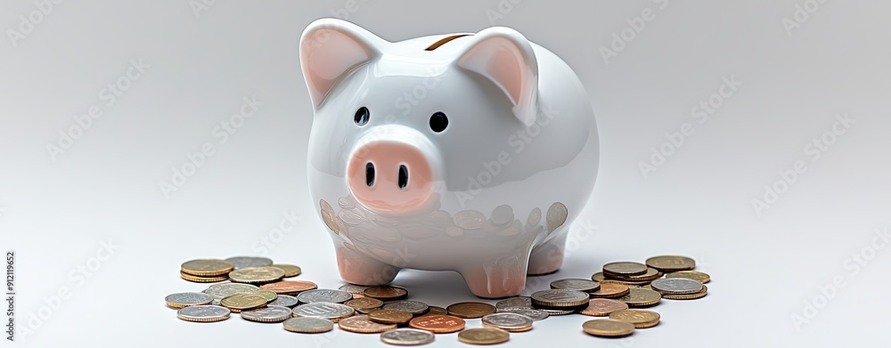 Poster close-up of an empty piggy bank surrounded by a few coins, more clarity with clear light and sharp f