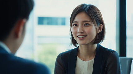 Short haired Korean or Japanese Asian woman smiling and talking with her male colleague sitting. Meeting, conversation, interview, counseling, consulting concept. Professional businesswoman model.