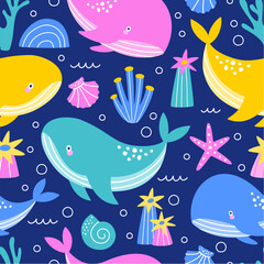 Seamless pattern with underwater world. Colorful whales, plants and sea life. Children's print for textiles and baby shower.