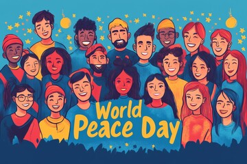 World Peace Day Poster with Diverse Smiling Faces, Colorful illustration celebrating World Peace Day, featuring a diverse group of smiling people from different backgrounds