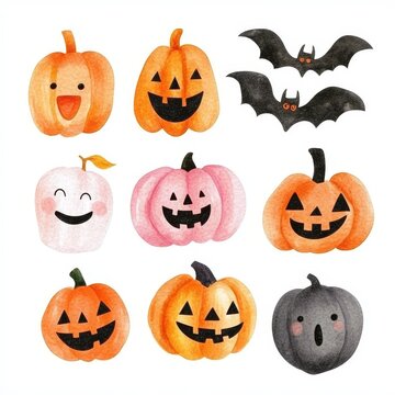Colorful Halloween pumpkins and bats illustration set