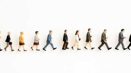 Various business men and women miniature figures in clay texture standing in a line and walking. side view close-up. Isolated on white background.