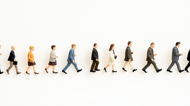 Various business men and women miniature figures in clay texture standing in a line and walking. side view close-up. Isolated on white background.