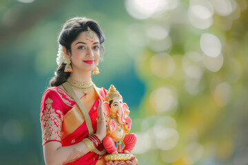 Young indian woman in red color saree holding lord ganesha sculpture