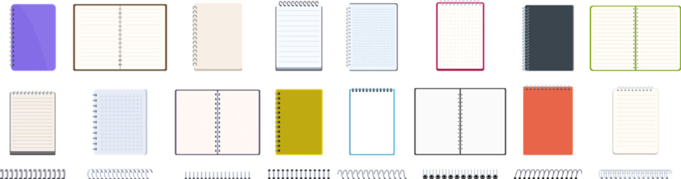 Notebook spiral binders icons set. Variety of blank spiral notebooks with different colored covers, sizes, and binding styles are depicted, offering options for note taking