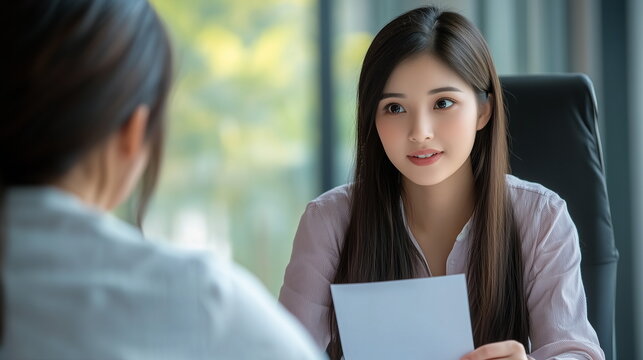A scene in which an HR manager or interviewer of an Asian woman with a resume in her hand sits face to face with a  applicant and interviews her in the office. Unemployment, employment, recruitment.