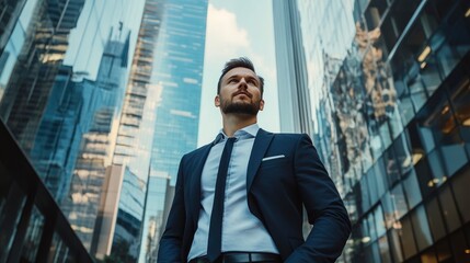 Confident rich businessman executive standing in modern big city looking and dreaming of future business success, thinking about new goals, business vision and leadership concepts with generative ai