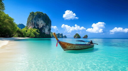 A one Thai boat floating on the emerald transparent sea under the blue sky. Beach scenery of Phi Phi Island, Thailand. Summer vacation, relaxation, travel, leisure background.