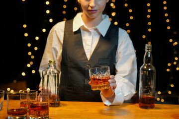 Bartender Serve Whiskey, on wood bar, 