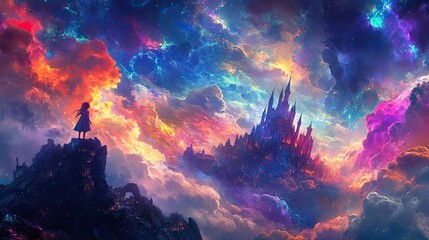 Fototapeta premium Dreaming child in a fantasy world of castles and dragons surrounded by a vibrant and colorful sky