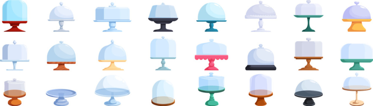 Cake glass stand icons set. Collection of cake stands, each with a unique design, showcasing their functionality for serving and preserving delectable treats