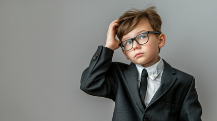 スーツを身につけサラリーマンのマネをするユニークな子供の背景素材