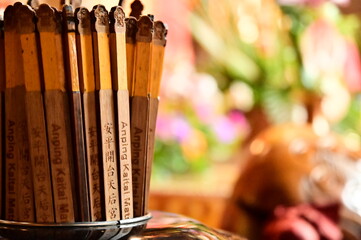 Taiwan - Jul 09, 2024: Close-up of divination tubes at Anping Kaitai Tianhou Temple, where...