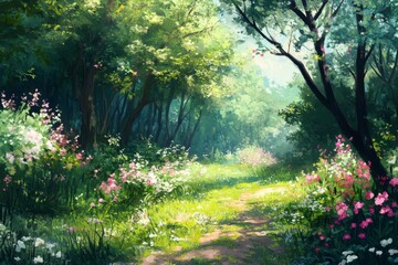 Obraz premium Floral Fantasy: A High-Resolution Hand-Drawn Illustration of Nature's Splendor in a Springtime Forest, Welcoming the Season's Enchantment with Lush Greens and Fragrances in Anime Style