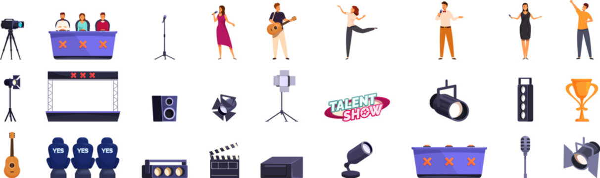 Talent reality show icons set. Singers, dancers and musicians are performing on stage in front of a jury during a tv talent show