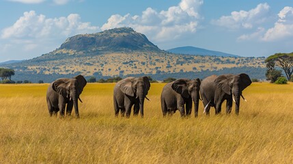 Obraz premium A majestic parade of elephants traverses the golden savanna under a distant mountain.