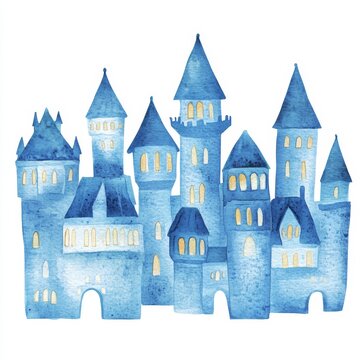 Whimsical blue castle with multiple towers and turrets.