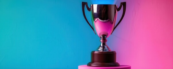 E-sport trophy on a pedestal with dramatic lighting, trophy presentation, victory prize