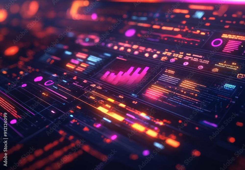 Poster high-tech data dashboard with augmented reality elements, floating data points, and vibrant colors