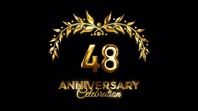 48th Anniversary Celebration. Happy 48 Years Anniversary Animation in Gold Color on the Transparent Background, Alpha Channel. Great for greetings, celebrations, events, and gifts.