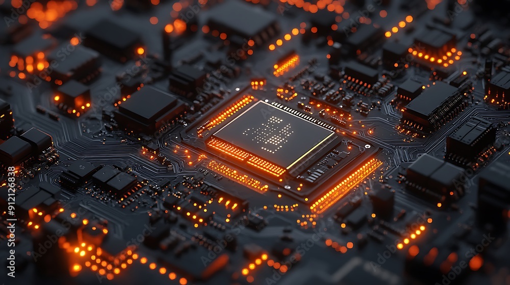 Poster close-up of a high-tech circuit board featuring a central processor: the heart of modern electronic 