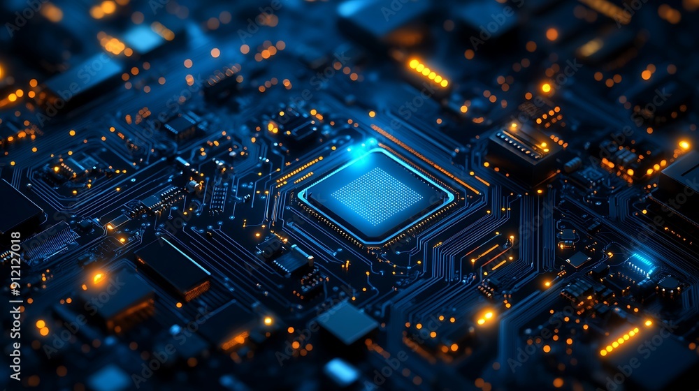 Poster close-up of a high-tech circuit board featuring a central processor: the heart of modern electronic 