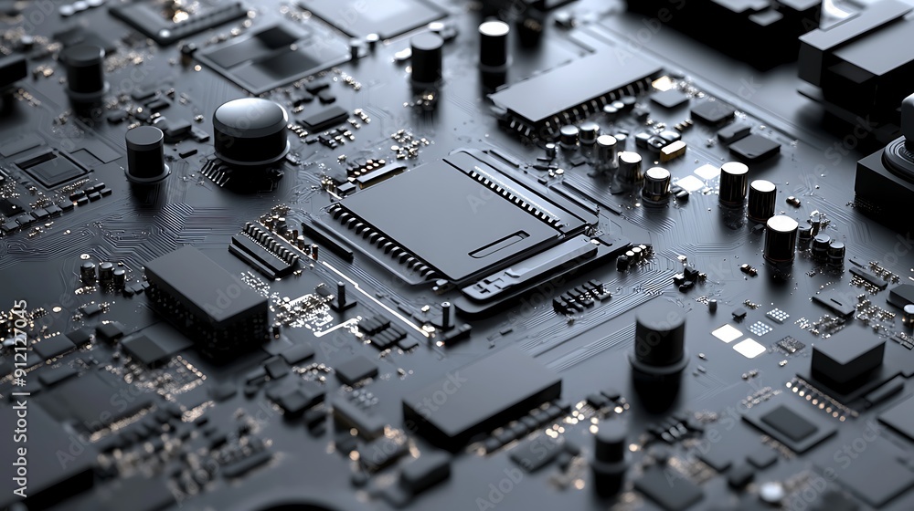Poster close-up of a high-tech circuit board featuring a central processor: the heart of modern electronic 