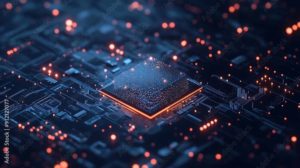 Poster close-up of a high-tech circuit board featuring a central processor: the heart of modern electronic 