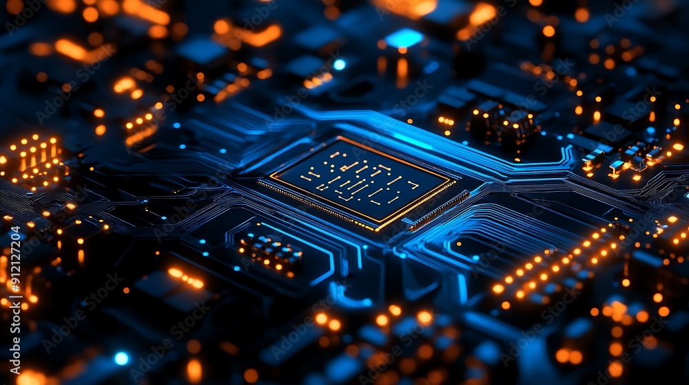 Poster close-up of a high-tech circuit board featuring a central processor: the heart of modern electronic 