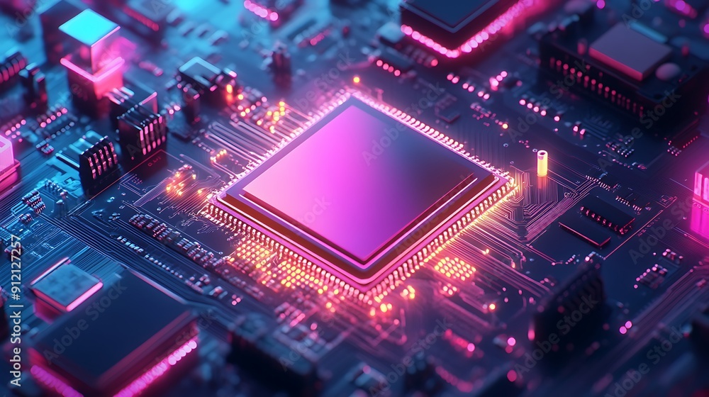 Poster close-up of a high-tech circuit board featuring a central processor: the heart of modern electronic 