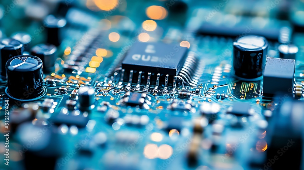Poster close-up of a high-tech circuit board featuring a central processor: the heart of modern electronic 