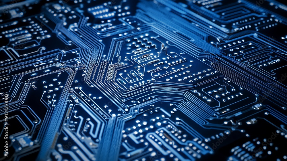 Poster close-up of a high-tech circuit board featuring a central processor: the heart of modern electronic 