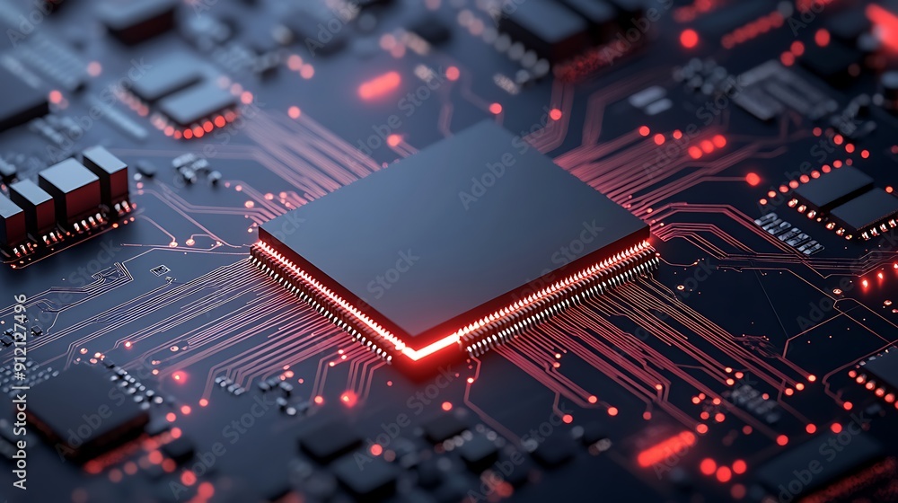 Poster close-up of a high-tech circuit board featuring a central processor: the heart of modern electronic 