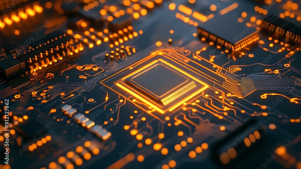 Poster close-up of a high-tech circuit board featuring a central processor: the heart of modern electronic 