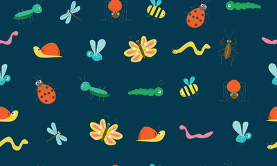Hand drawn vector seamless pattern with butterfly, beetle, dragonfly and other insects. Vector seamless background.