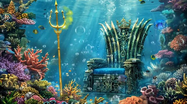 Majestic underwater throne with a golden trident and fishes. Seamless loop video background