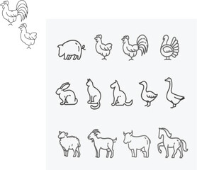 Vector set of farm animals flat icons. Contains icons cow, horse, goat, goose, donkey, rooster, pig, duck and more. Pixel perfect. simple vector icons with transparent background.