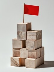Obraz premium Wooden block tower with red flag